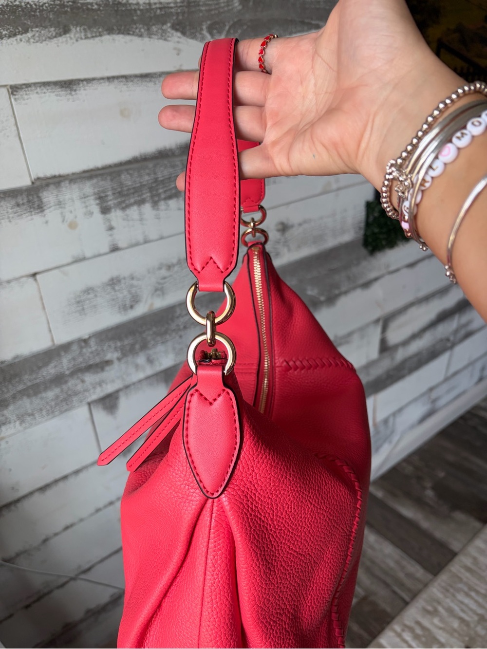 Michael Kors Large Pebbled Leather Whipstitch Hobo Shoulder Coral Pink NWT - Picture 8 of 14